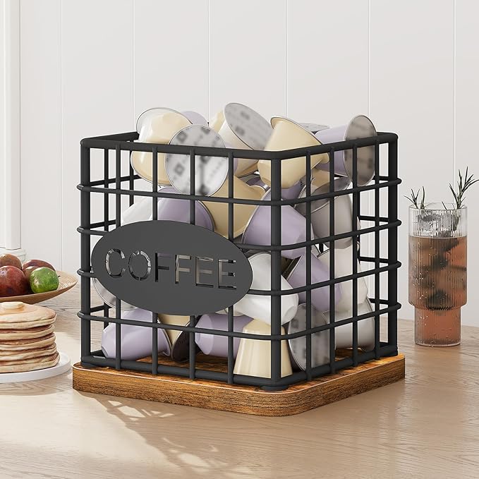Coffee Pod Holder Organizer, Large Capacity Coffee Pod Basket for K Cup, Coffee Capsule Storage Basket with Wooden Base, Space Saving, for Kitchen Countertop, Black and Rustic Brown KH10BR