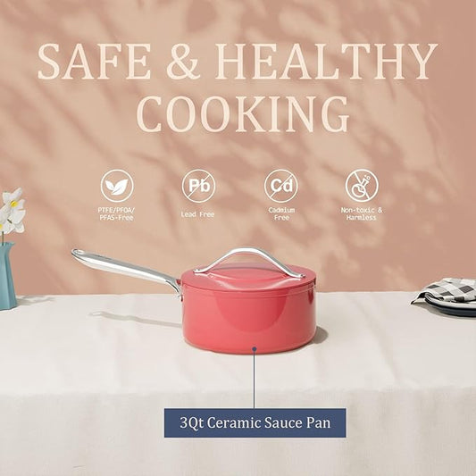 3.5qt Nonstick Ceramic Sauce Pan with Lid (8.19") Even Heat Distribution, Non Toxic & PFAS Free Healthy Cooking Pot for All Stovetops (Induction/Gas/Electric), Oven Safe 500°F, Fusion Red