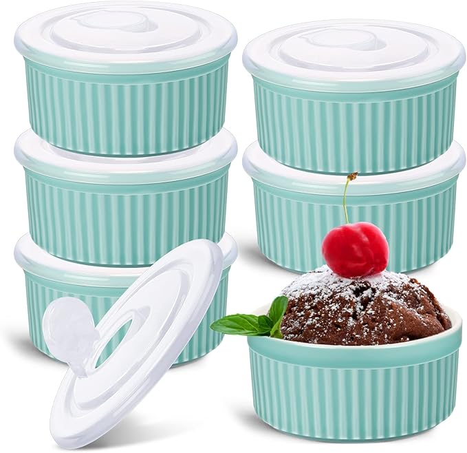 6 Sets Porcelain Ramekins with Lids 8 Oz Oven Safe Creme Brulee Souffle Ramekins with Covers for Oven Stackable Ceramic Bowl with Lid Baking Dishes Cups for Baking(Blue)