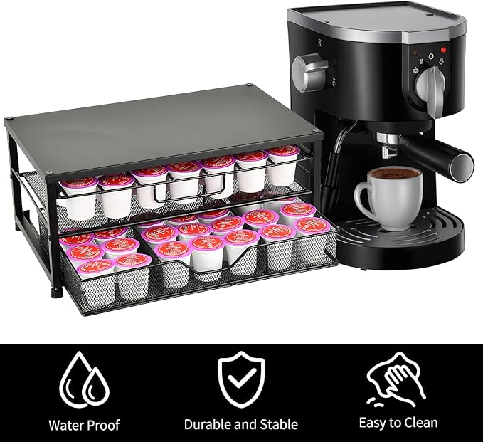 Spacrea K Cup Holder Organizer- Coffee Pod Holder for Counter with 2 Tier Sliding Storage Drawer, Coffee Station Bar Accessories Holder, 63 Large or 80 Small Capsules, Home Kitchen (Black)