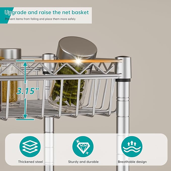 SINGAYE Shelf Storage Wire Shelving：Shelves Rack Standing Units with Wheels Closet Organizers Metal Pantry Kitchen Laundry Room Adjustable 13.5" D x 13.5" W x 63" H Silver