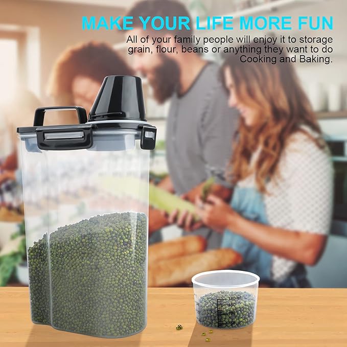 Rice Airtight Dry Food Storage Containers, BPA Free Plastic Storage Bin Dispenser with Pourable Spout, Measuring cup for Cereal, Flour and Baking Supplies, Include a Stainless Steel Whisk