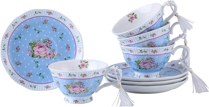 London Boutique Coffee Tea Cup and Saucer Set 4 Shabby Chic Vintage Porcelain Bird Butterfly Flora Gift Box 7.5OZ (Rose Blue)