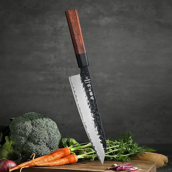 HEZHEN- 8.5” Chef Knife, 3 Layers High Carbon Clad Steel Kiritsuke Knife, Composite Forging Steel, Professional Japanese Kitchen Knife, Redwood Octagonal Handle With Wooden Knife Sheath