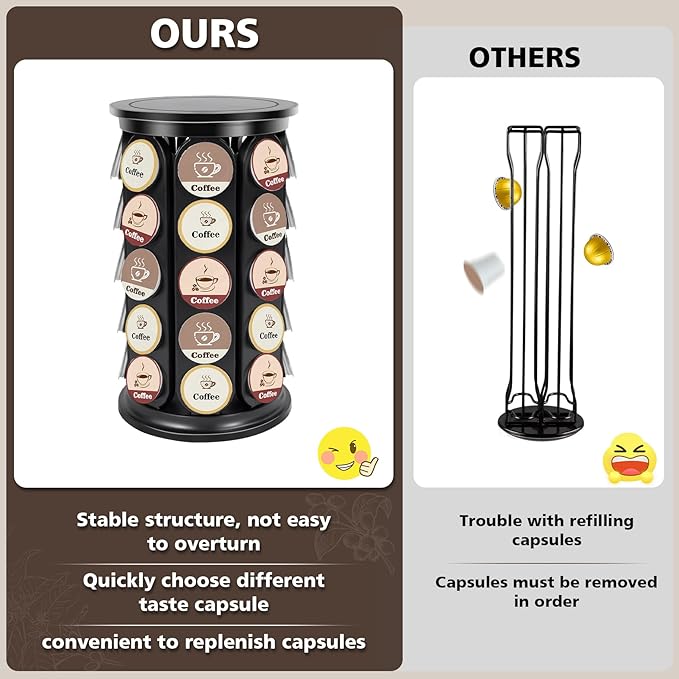Coffee Pod Carousel Compatible with K-Cup Pods, K Cup Holder Holds 40 Coffee Capsule, New Modern Design for Kitchen Office Countertop or Coffees Station Organizer, Detachable (Black)