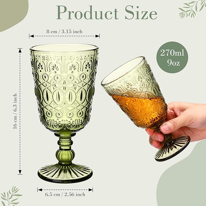 Eaasty Wine Glasses Set of 6 Vintage Goblet 9 oz Vintage Colored Glass Goblet Beverage Stemmed Glass Cups Romantic Embossed Glassware for Wedding Party Holidays Anniversary (Green)