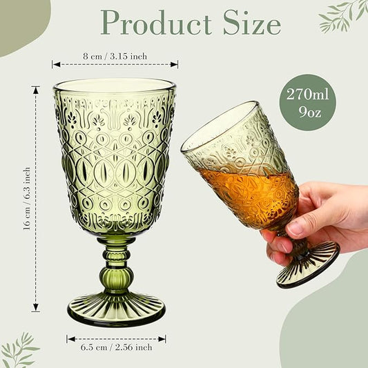 Eaasty Wine Glasses Set of 6 Vintage Goblet 9 oz Vintage Colored Glass Goblet Beverage Stemmed Glass Cups Romantic Embossed Glassware for Wedding Party Holidays Anniversary (Green)