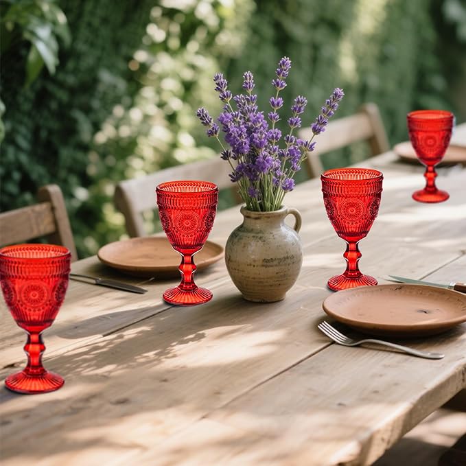 Red Vintage Wine Glasses Set of 6, 10 Ounces Colored Glass Water Goblets, Unique Floral Embossed Pattern High Clear Stemmed Glassware Wedding Party Bar Drinking Cups Fancy Glasses Hand Wash Only