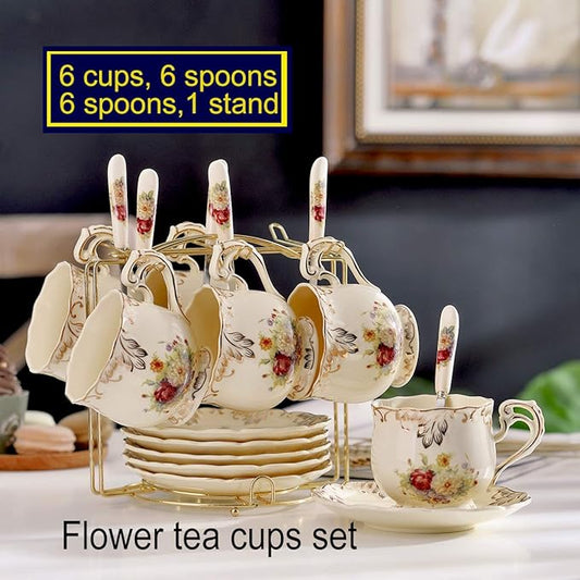 YOLIFE Flowering Shrubs Tea Cups and Saucers Set of 6, Ivory Ceramic Floral Tea Cups Set with Golden Rack, Coffee Cups, 8 oz