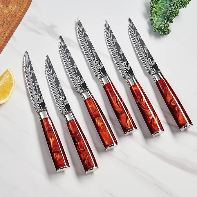 SENKEN Professional Steak Knife Set with Engraved Damascus Pattern, Razor Sharp Blade, High Carbon Stainless Steel with Beautiful Gift Box, Blue & Red Resin Handles