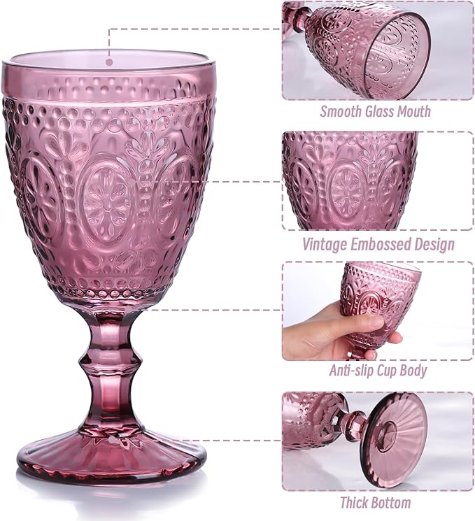 Purple Wine Glasses set of 4, Purple Goblets, Vintage Drinking Glassware, Colored Glassware Set for Party, Home & Wedding