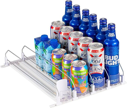 RULA Drink Organizer for Fridge, Self-Pushing Soda Can Dispenser for Refrigerator, Width Adjustable Water Bottle Pusher Glide - Holds up to 20 Cans (15" D, 4 Rows)