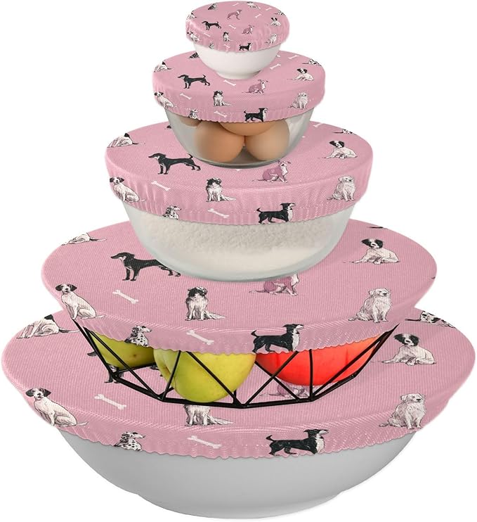 5 Pcs Bowl Covers Reusable in 5 Size Elastic Food Cover Cloth Lids Fresh Keeping Dish Cookware Bakeware Fabric Covers Lids for Food Leftovers Fruits Storage Pink Dog and Bone