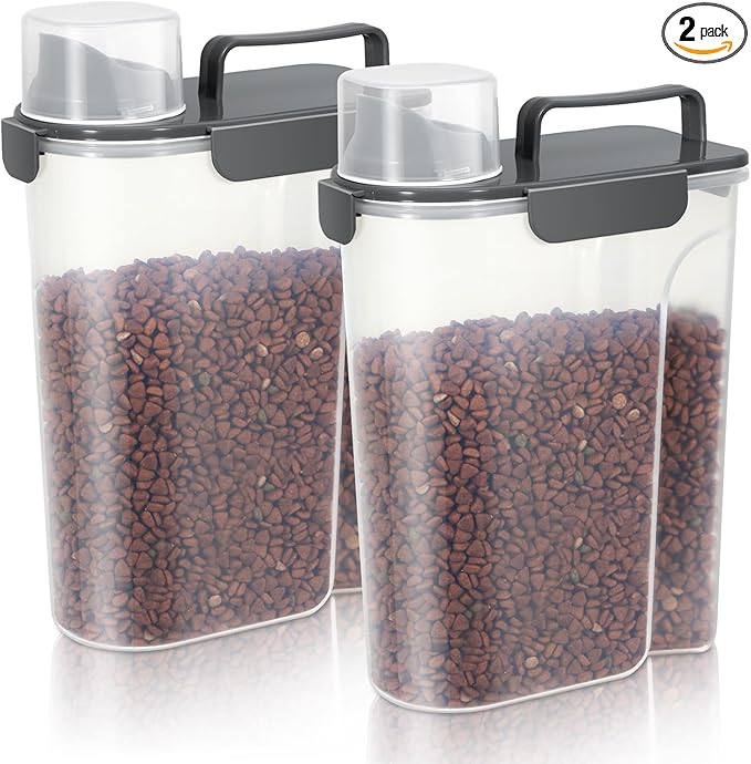 5-7Lbs Cat Dog Storage Container, Portable Pet Food Containers with Upgraded Large Spout and Cup, Small Animal Kibble Dispenser for Bird Seed, Oatmeal, Rice, Flour (2, Dark Gray, 5L)