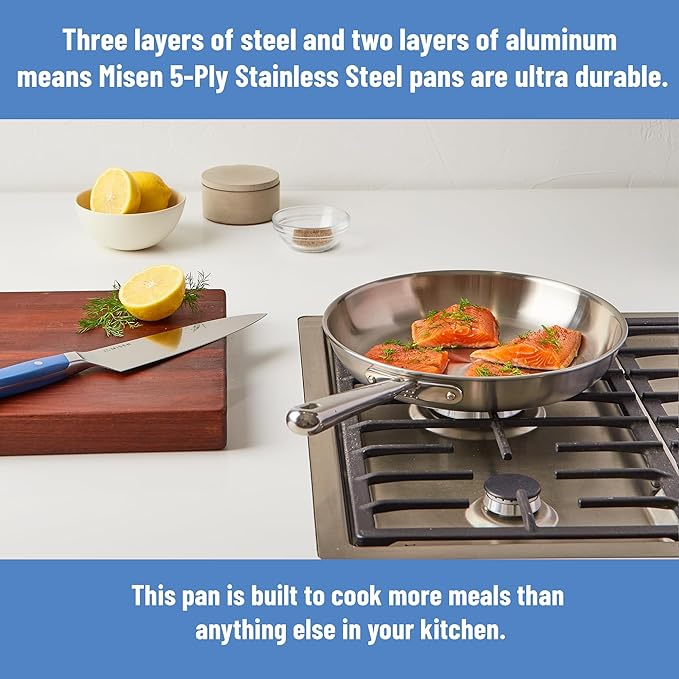 Misen 5-Ply Stainless Steel 10" Frying Pan - Professional Cookware for Induction, Gas and Electric - Dishwasher Safe, Oven Safe to 800°F - Durable, Versatile, Even Heating