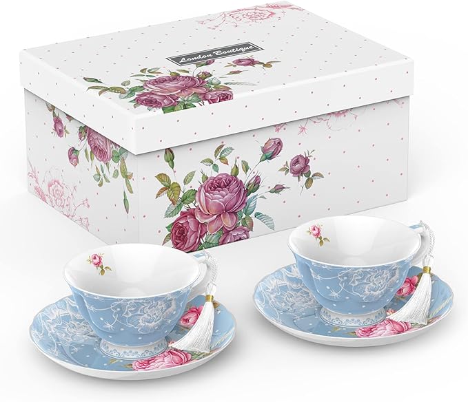 London Boutique Tea Cup and Saucer Set 2 Afternoon Tea Set New Bone China Vintage Flora Gift Box 200m (Blue)