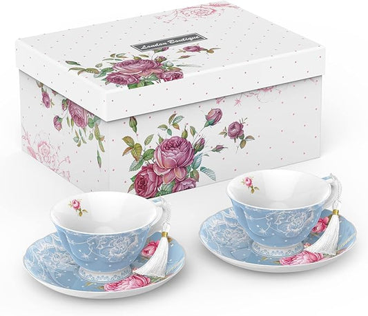 London Boutique Tea Cup and Saucer Set 2 Afternoon Tea Set New Bone China Vintage Flora Gift Box 200m (Blue)