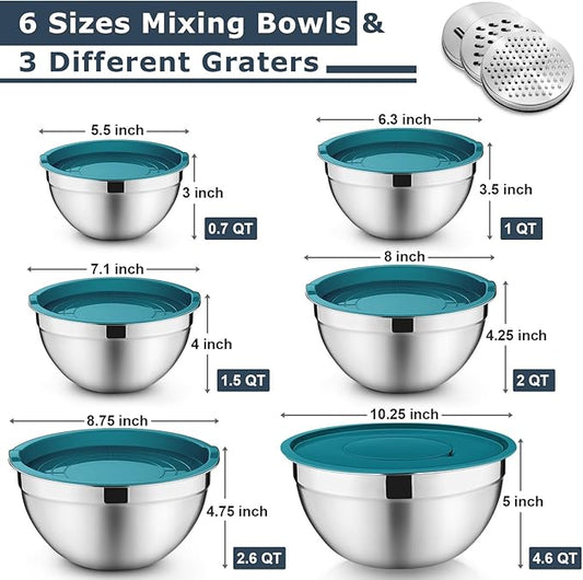 P&P CHEF Mixing Bowls with Lids Set of 6, Stainless Steel Nesting Salad Bowl & 3 Grater Attachments for Prepping Storing, 4.6/2.6/2/1.5/1/0.7 QT, Blue