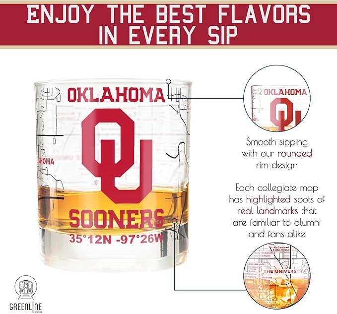 Greenline Goods – University of Oklahoma Sooners College Whiskey Glasses (Set of 2), 10 oz – Full-Color Logo + Campus Map