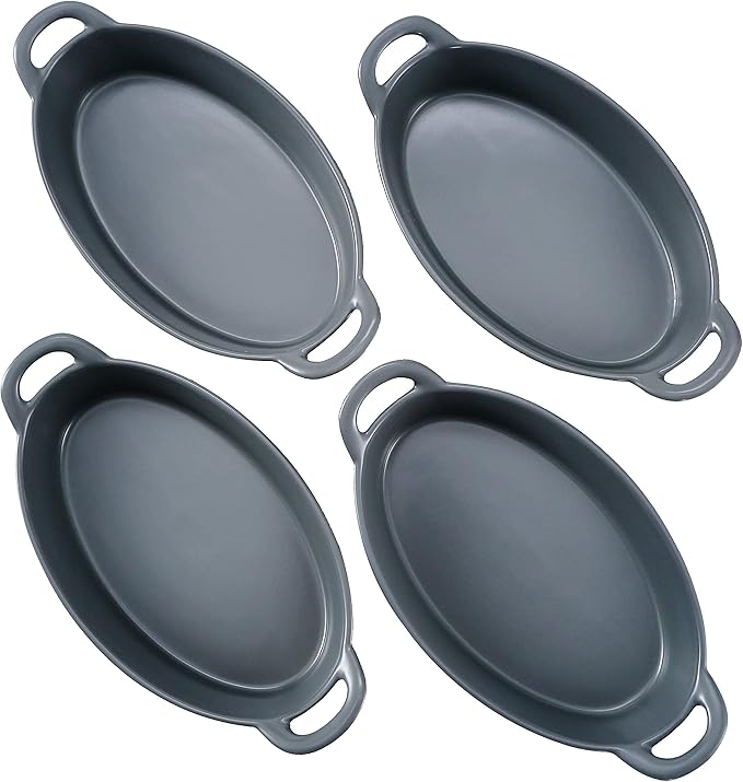 Bruntmor 8" x 5" Oval Porcelain Ceramic Deep Dish Pie Pan Set of 4, Double Handle Au Gratin Baking Dishes, Oven Safe Roasting Lasagna Pan For kitchen- Gray