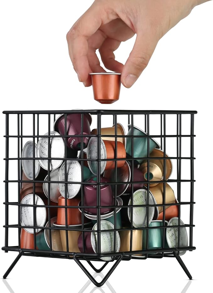 Black Wire Coffee Pod Holder Basket,Large Capacity Metal K Cup Holder Organizer,Storage Basket for Kitchen Countertop Office Coffee Bar Accessories,Creamer and Syrup Organizer