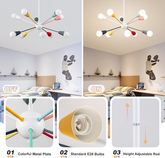 Colorful Sputnik Chandeliers, 10-Light Dining Room Light Fixture Height Adjustable Modern Chandelier Lighting Kids Ceiling Light Fixture for Bedroom Living Room Entryway Foyer