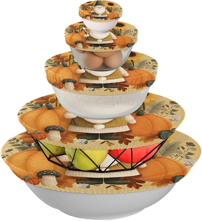 5 Pcs Bowl Covers Reusable in 5 Size Elastic Food Cover Cloth Lids Fresh Keeping Dish Cookware Bakeware Fabric Covers Lids for Food Leftovers Fruits Storage Fall Gnome Pumkin Sunflowers Tha