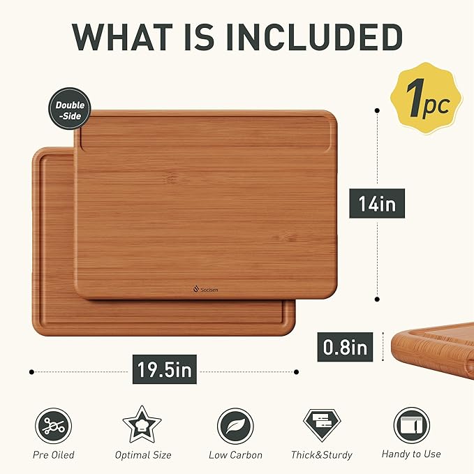 Extra Large Bamboo Cutting Board Over Sink Butcher Block Chopping Board Wooden Cutting Boards Solid Thick Juice Groove Big Xl XXl xlarge Kitchen Counter Organic Meat BBQ Kit(19.5" x 14" x 0.8")