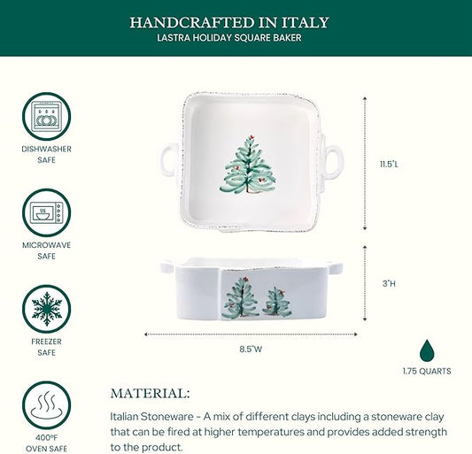 Vietri Lastra Holiday Square Baker, Stoneware Oven Baking Dish & Serving Pan, Christmas Bakeware