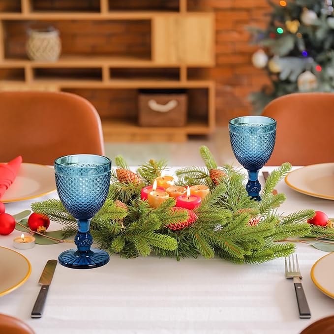 Bokon 6 Pack Blue Glass Goblets Set 10 oz High Clear Wine Glass Vintage Water Goblets Cups Embossed Diamond Design Glassware with Stem for Drinking Juice Liquor Party Wedding Bar