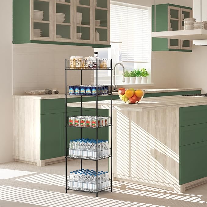 Vrisa 5 Tier Water Bottle Organizer Stand Fenced Freestanding Water Bottle Holder Metal Soft Drink Beverage Soda Can Storage Rack for Pantry, Kitchen, Home Party, Classroom