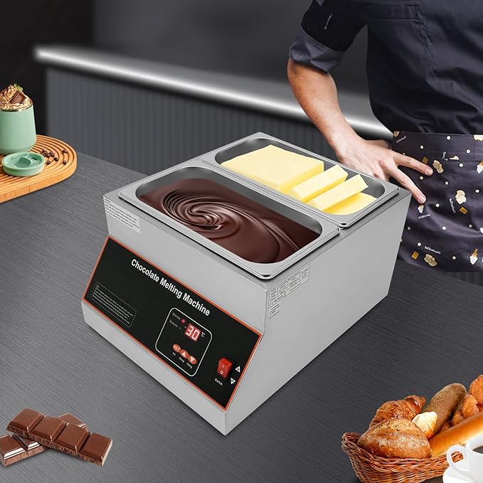 Chocolate Tempering Machine 32-203°F Commercial Chocolate Melting Pot 26.46 lbs Stainless Steel Food Warmer Air-heating Chocolate Fondue with Lid for Restaurant Home Party (Double Pots)