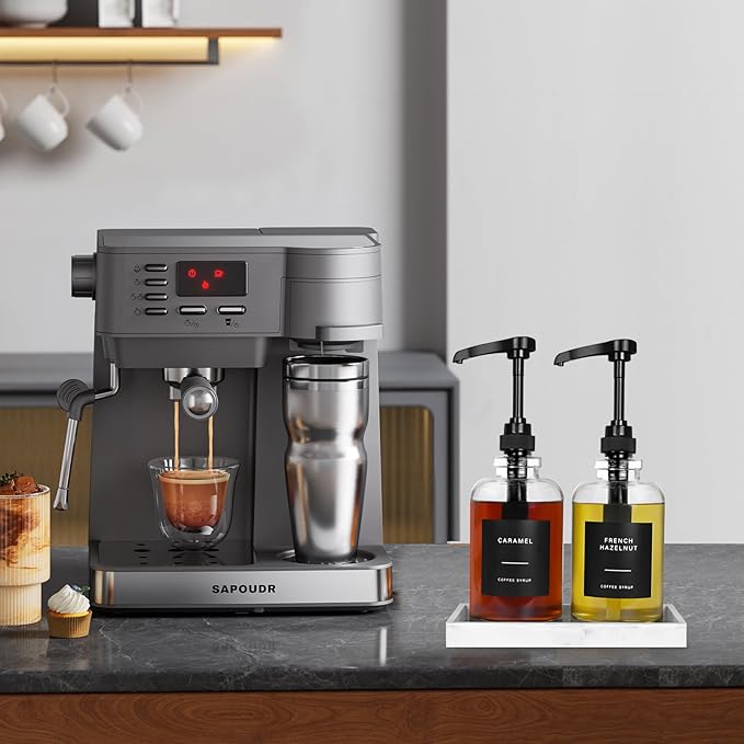 Coffee Syrup Dispenser for Coffee Bar, Glass Syrup Dispenser with Pump, Coffee Syrup Pump Dispenser Bottle with Tray, Spoon for Coffee Station, Coffee Bar Organizer, Black,16.9 oz, 500 ml