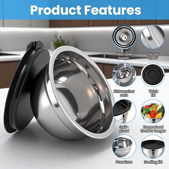 Mixing Bowls with Airtight Lids Set of 5, Stainless Steel Mixing Bowls with 3 Grater Attachments, Nesting Salad Bowl for Prepping, Serving, Cooking, Kitchen, 0.75/1/1.5/2.5/4.5QT, Black