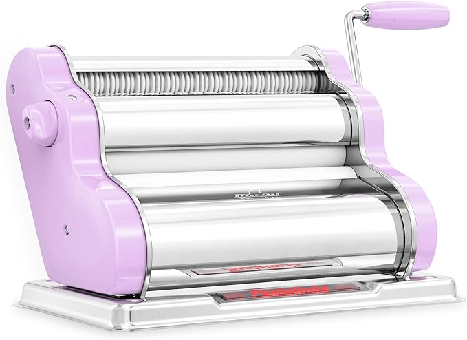 PASTALINDA Classic 260 Pasta Maker Machine, 26 cm Wide Rollers, 9 Thickness Positions, 2 Cutting Positions, Stainless Steel. Includes Reinforced Hand Crank And Two Clamps (Lilac)