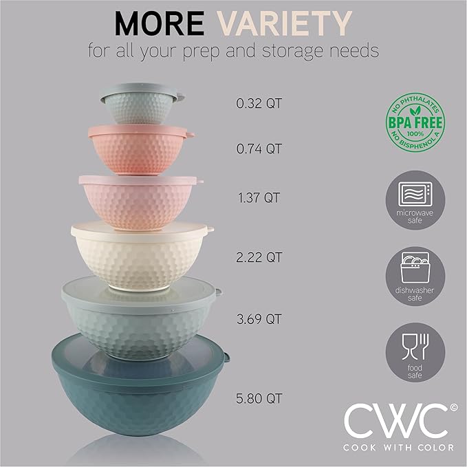 COOK WITH COLOR Mixing Bowls with Lids - 12 Piece Plastic Nesting Bowls Set includes 6 Prep Bowls and 6 Lids, Non Slip Bottom and Embossed Design - Microwave Safe (Teal)