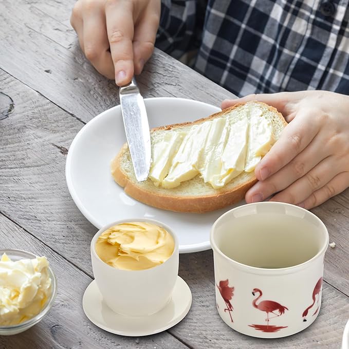 Cute Pink Flamingos Butter Crock for Counter - French Style Ceramic Butter Keeper and Butter Dish with Lid, Butter Holder for Countertop Storage, Airtight Container for Soft, Spreadable Butter