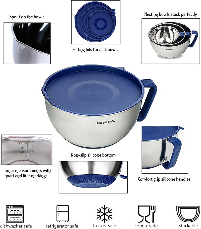 Rorence Mixing Bowls Set: Stainless Steel Non-Slip Bowls with Pour Spout, Handle and Lid - Set of 3 - Blue