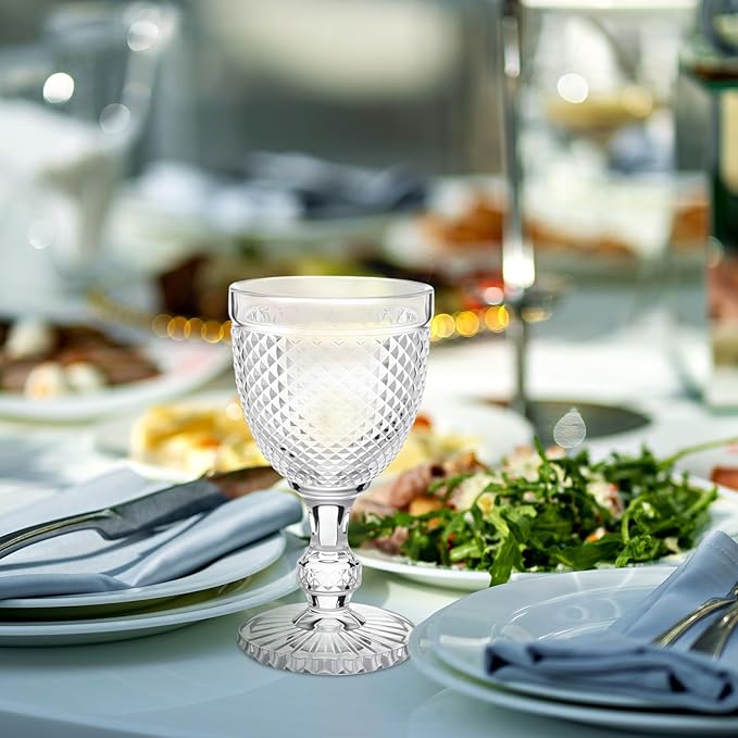 Bokon 6 Pack Clear Glass Goblets Set 10 oz High Clear Wine Glass Vintage Water Goblets Cups Embossed Diamond Design Glassware with Stem for Drinking Juice Liquor Party Wedding Bar