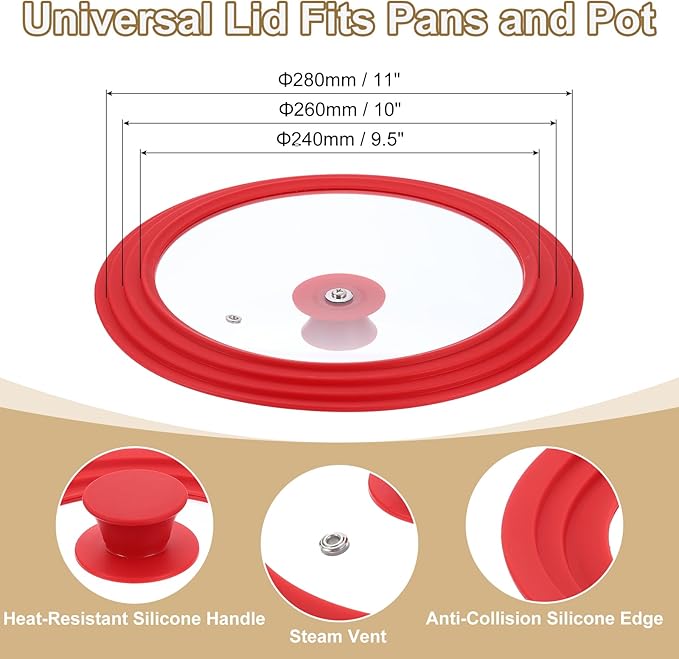 uxcell 1Pcs Universal Lid for Pot Fit 9.5, 10, 11 Inch Diameter Cookware, Replacement Pan Lids with Heat Resistant Silicone Rim, Steam Vent Pan Lid for Pots, Frying Pans, Skillets, Red