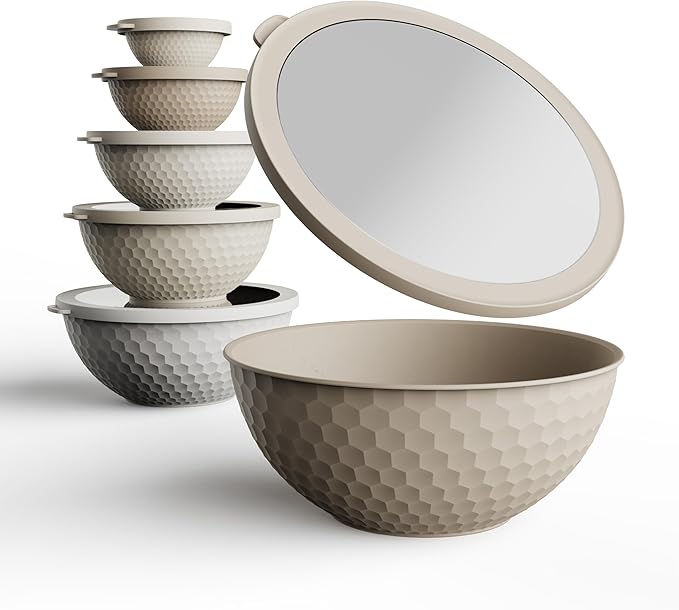 COOK WITH COLOR Mixing Bowls with Lids - 12 Piece Plastic Nesting Bowls Set includes 6 Prep Bowls and 6 Lids, Non Slip Bottom and Embossed Design - Microwave Safe (Brown)