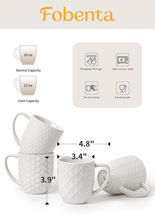 Coffee Mugs Set of 4, 12oz Ceramic Mug Set with Embossment, Stackable Mugs for Coffee/Tea/Latte/Cappuccino, Microwave & Dishwasher Safe, Gift for Men & Women
