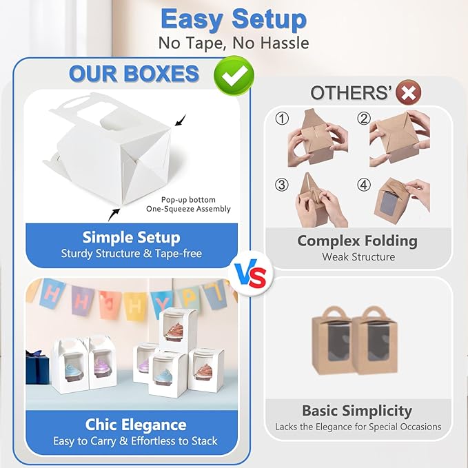 Cupcake Boxes 12 pcs, Individual Cupcake Containers White with Window Insert and Handle, Pastry Box Single Muffins Holder Disposable for Bakery Wrapping Party Favor Packaging
