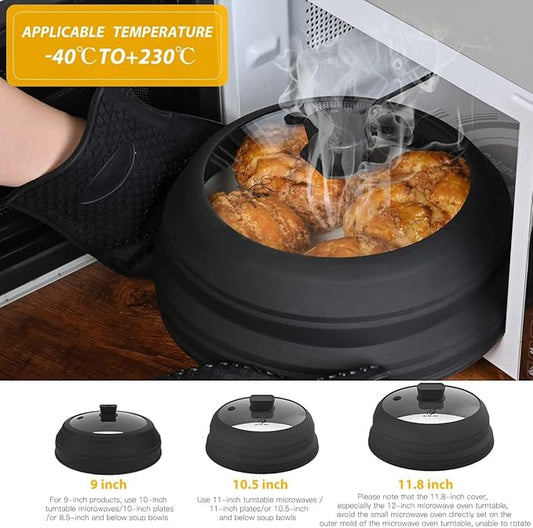 Microwave Splatter Cover Glass Guard Lid with Collapsible Silicone for Food Pot Plate 9.8 inch Black
