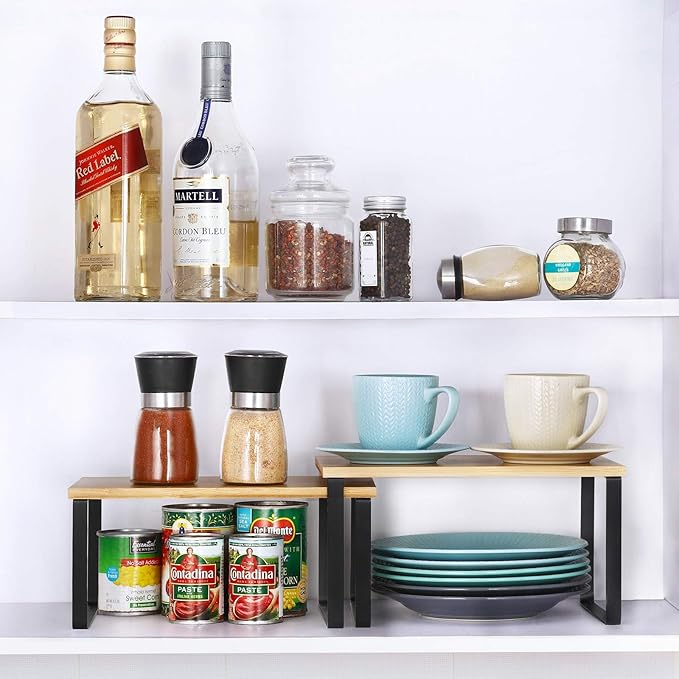 NEX Kitchen Cabinet and Counter Shelf Organizer, Stackable & Expandable, Set of 4, Black and Natural