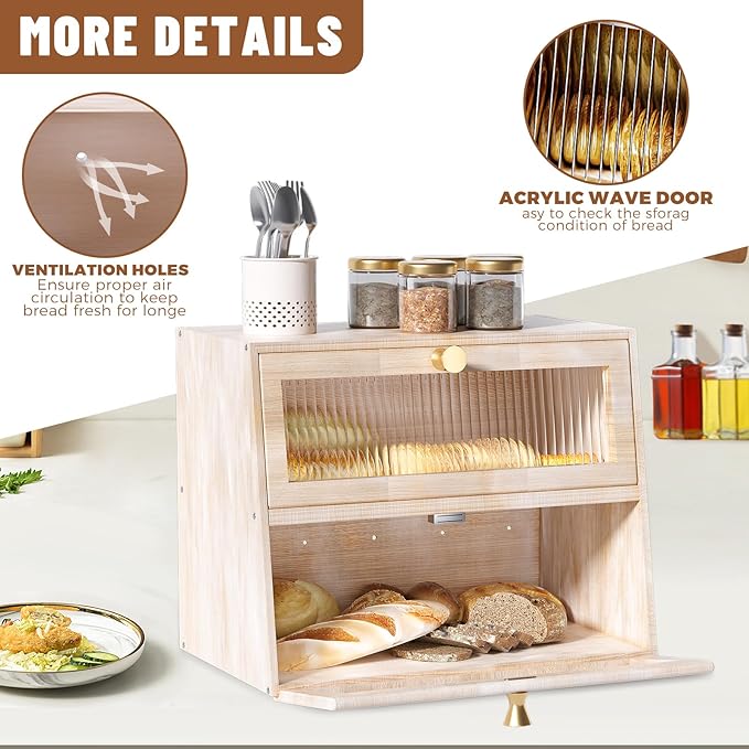 Vintage Double Layer Bread Box for Kitchen Countertop，Large White Bread Boxes Wooden Breadbox Bread Storage Container Bin Bread Holder(Vintage White)