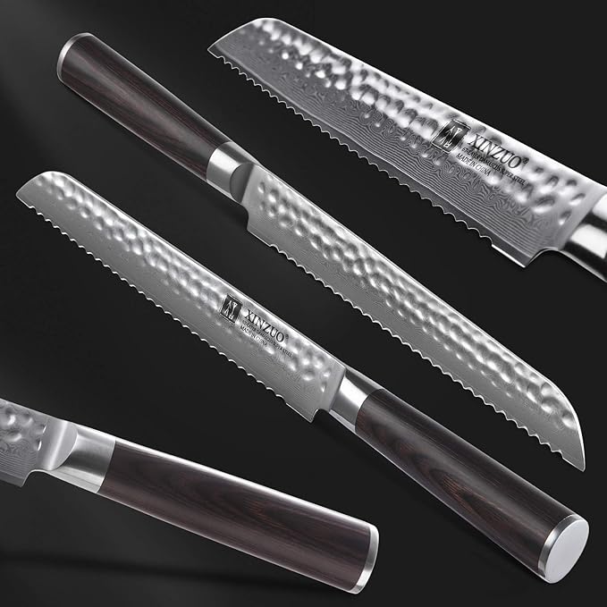 XINZUO 67 Layers Damascus Bread Slicing Knife, 8 Inch Serrated Bread Knife for Homemade Bread Sourdough,Razor Sharp,Dark Brown Pakkawood Handle