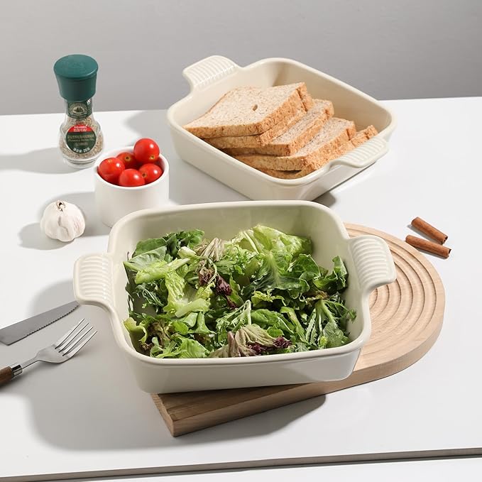 Sweejar Ceramic Baking Dish, 9 x 9 Cake Baking Pan for Brownie, Porcelain Square Bakeware with Double Handle for Casserole, Lasagna, Family Dinner (Beige)