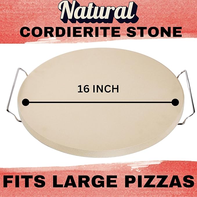 16 inch Round Pizza Baking Stone - Large Pizza Stone for Grill with Handles and Dough Tool - Baking Stone for Bread - Pizza Making Accessories - Cooking Gifts for Food Lovers