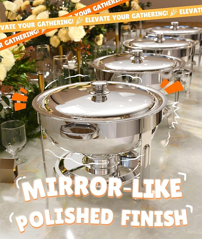 Chafing Dishes for Buffet 4 Pack, 6QT [Worry-Free Assemble] Food Warmers for Parties Buffet [Mirror-Like Polished Finish Stainless Steel Round Chafing Dish Buffet Set with Complete Set